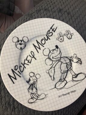 Disney White Plate with Black Mickey 90th Logo and Yellow Accent